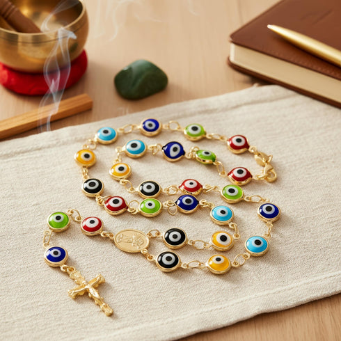 A rosary necklace with colorful Turkish evil eye beads and a gold cross rests on beige cloth beside a notebook, pen, incense, and green stone.